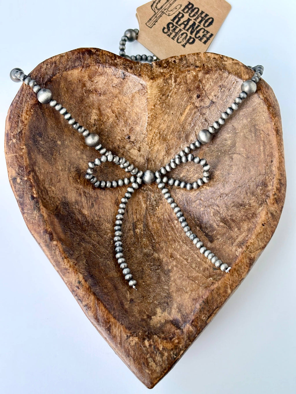 Western Navajo Pearl Bead & Coquette Bow Pendant Necklace