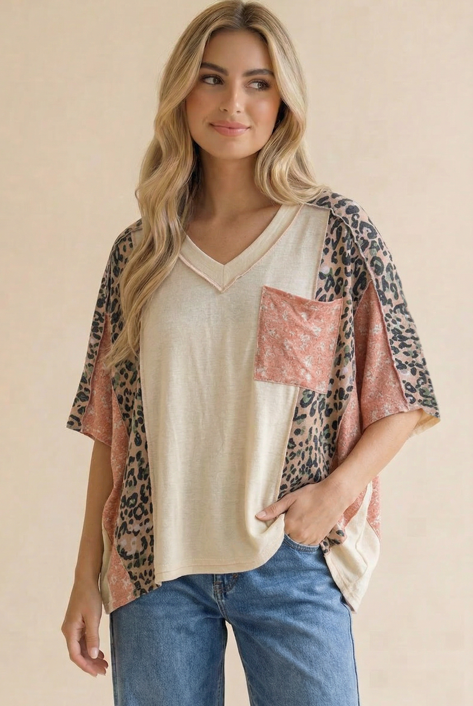 Plus Floral Leopard Color Block Dolman Knit Top