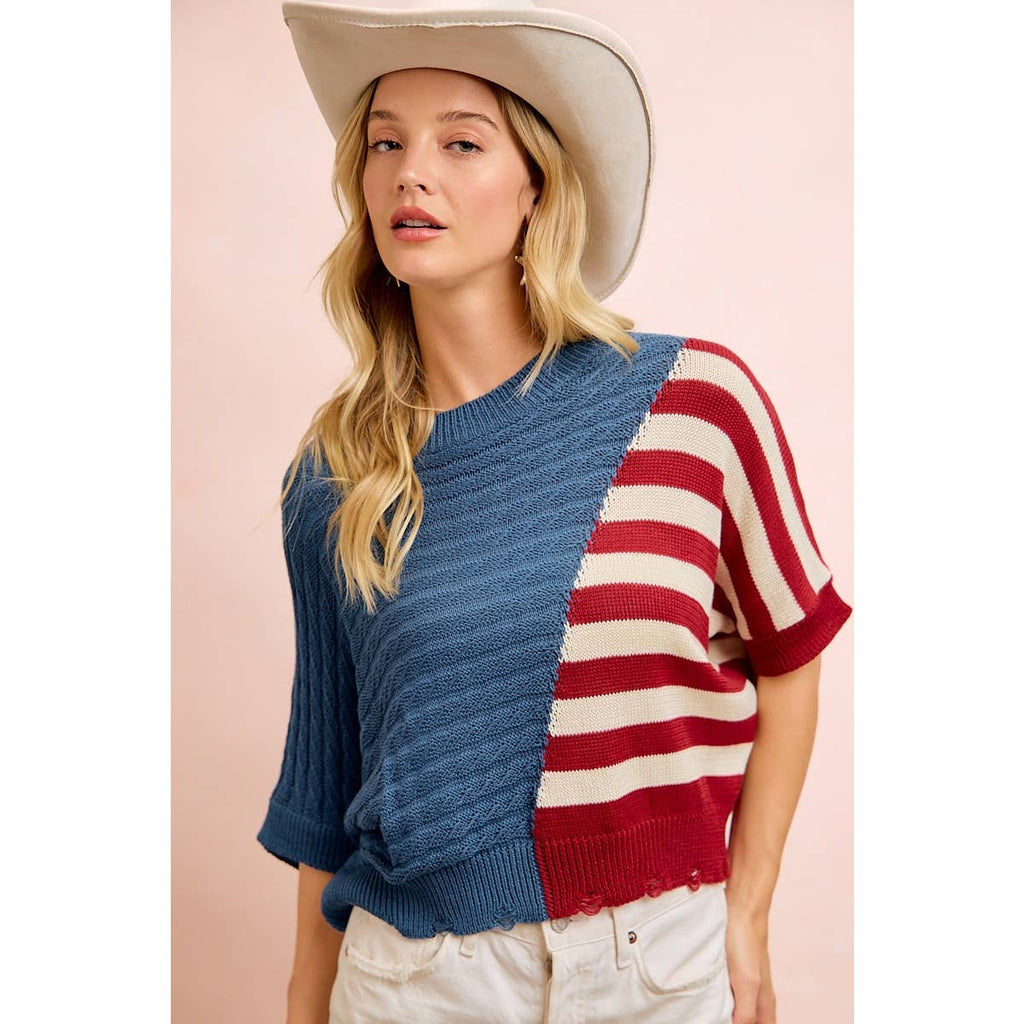 4TH OF JULY DIAGONAL STRIPE BLOCK TEXTURED KNIT TOP
