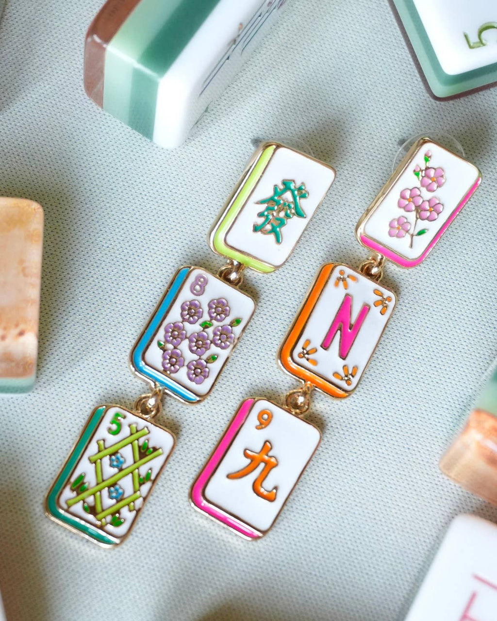 Wanna Mahj?! Linked Tile Earrings in Pastel Mutli