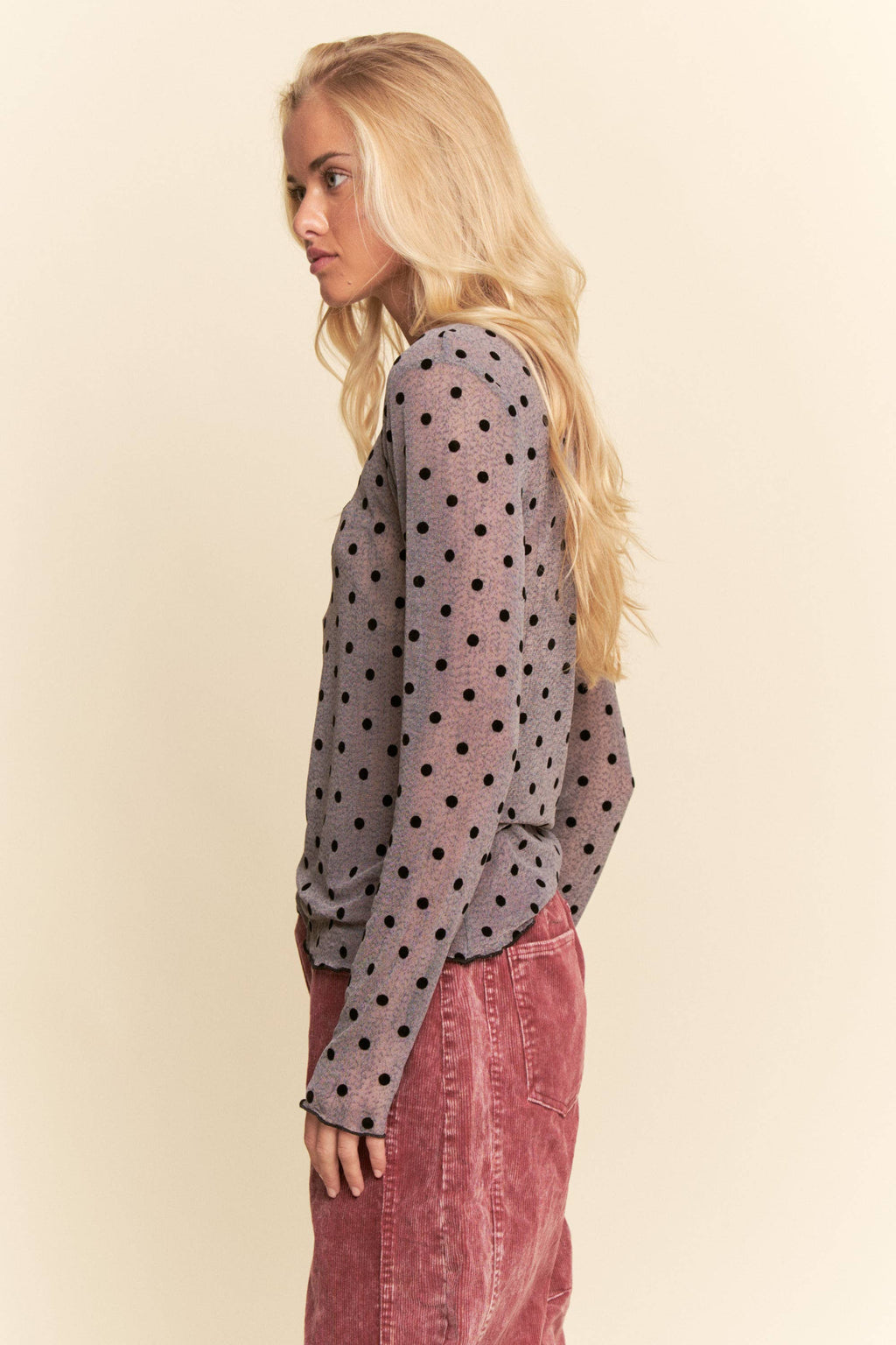 Polka Sheer long-sleeve mesh top