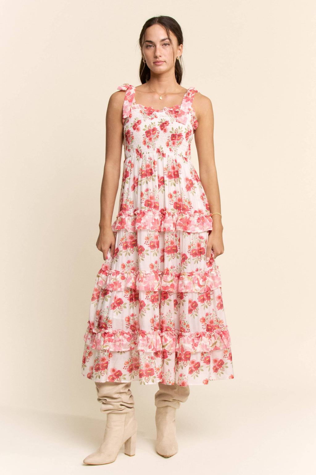 GARDEN FLORAL RUFFLE SMOCK SHOULDER MIDI DRESS