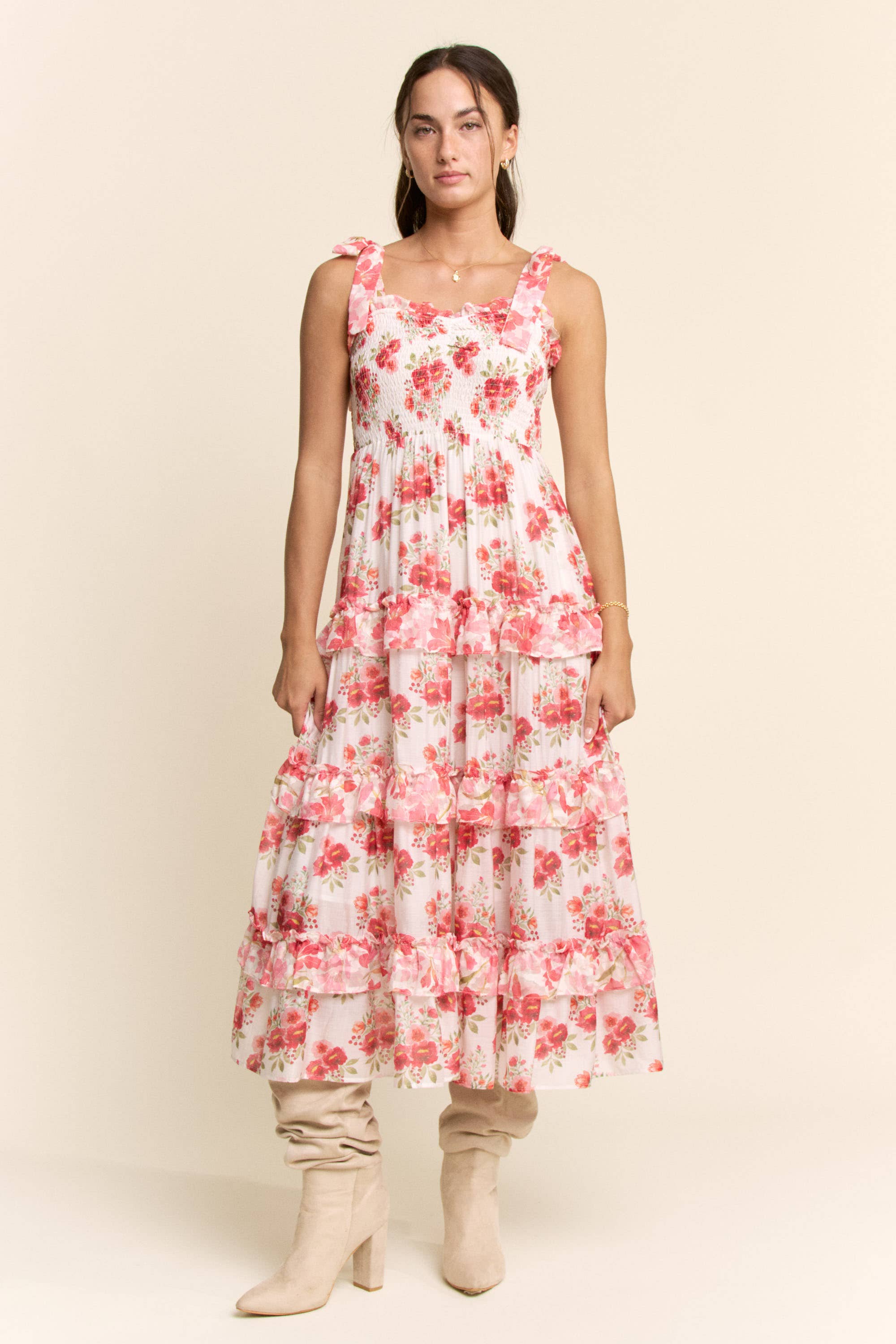 GARDEN FLORAL RUFFLE SMOCK SHOULDER MIDI DRESS