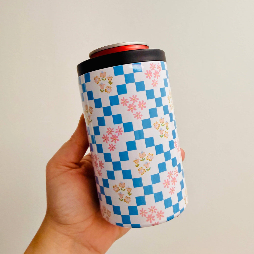 12 oz Can Cooler, Blue Floral Squares Pattern