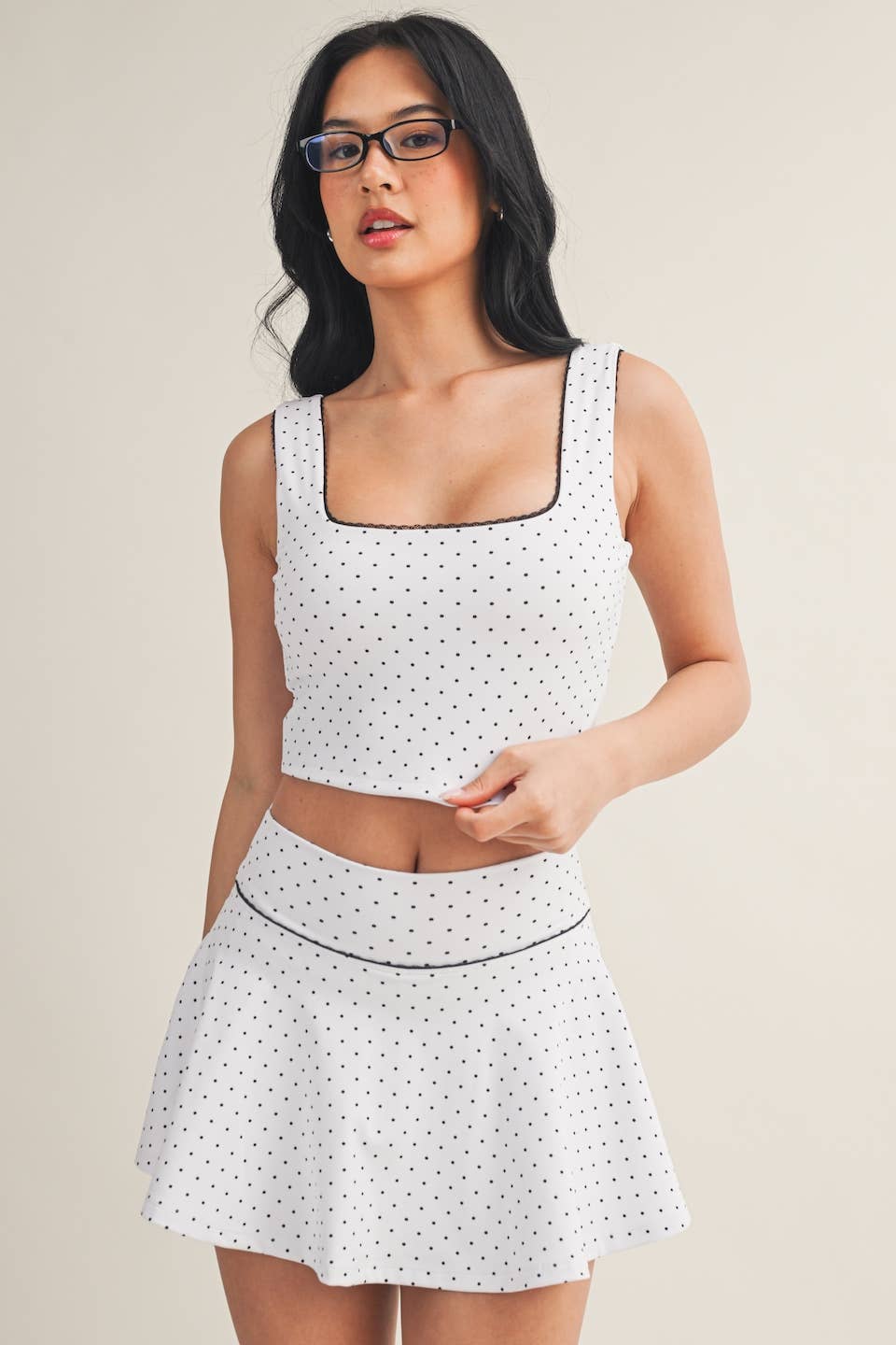 Polka Dot Print Crop Tank with Lace Trim