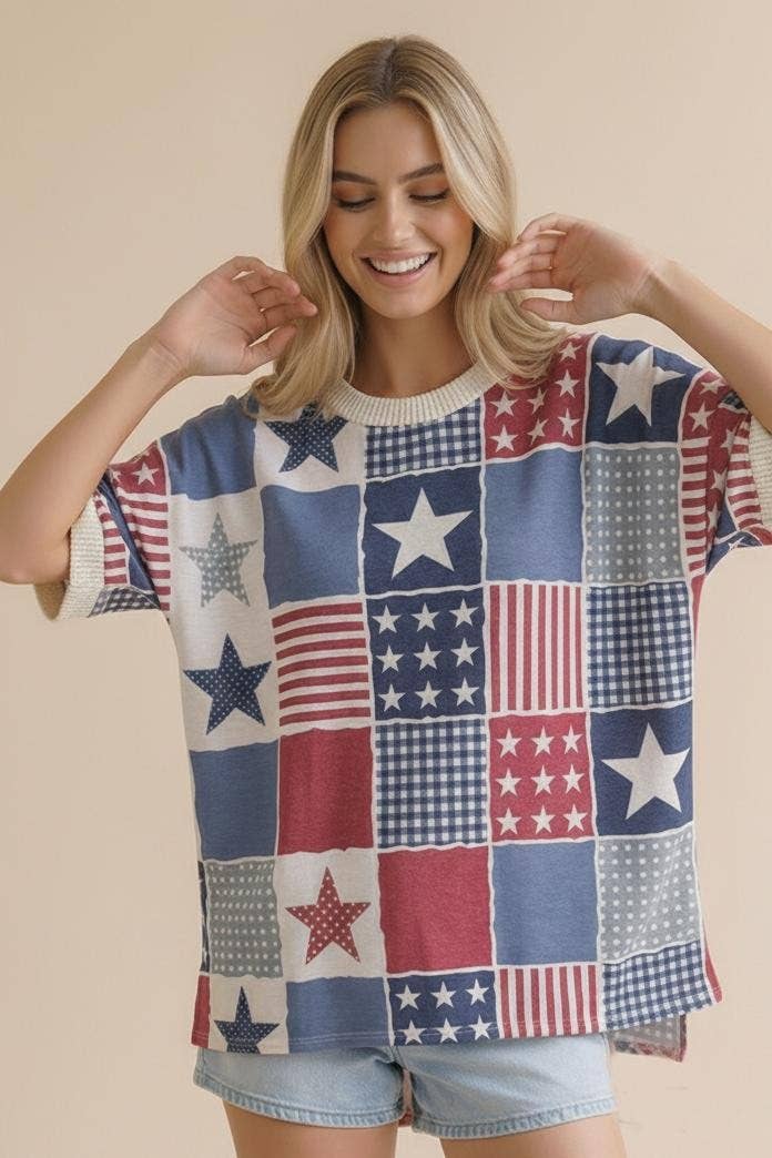 Round Neck Star and Stripe Patchwork Print