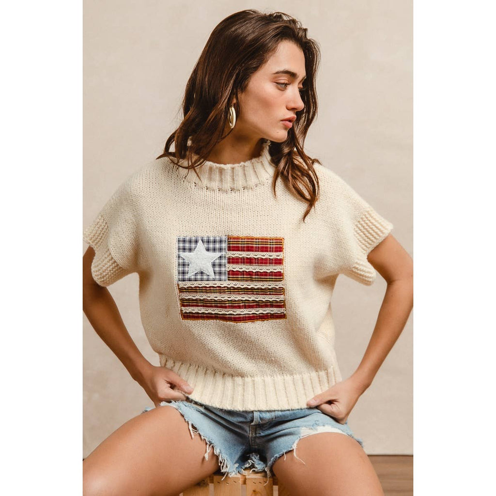 AMERICAN FLAG PATCHWORK DROP SHOULDER SWEATER