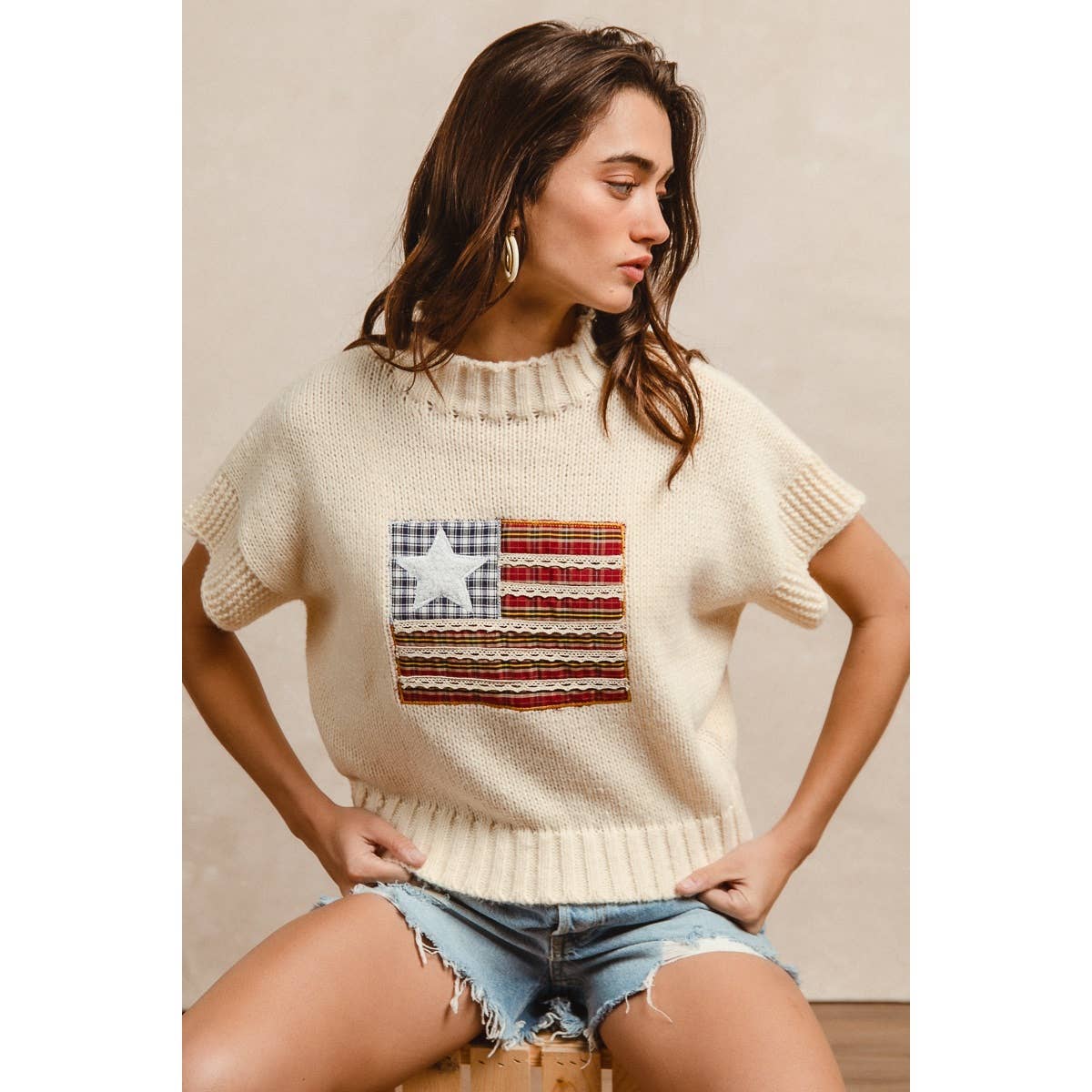 AMERICAN FLAG PATCHWORK DROP SHOULDER SWEATER