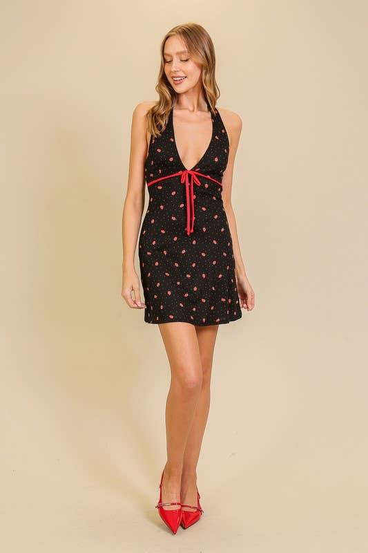 Strawberry Print Baby Doll Halter Dress