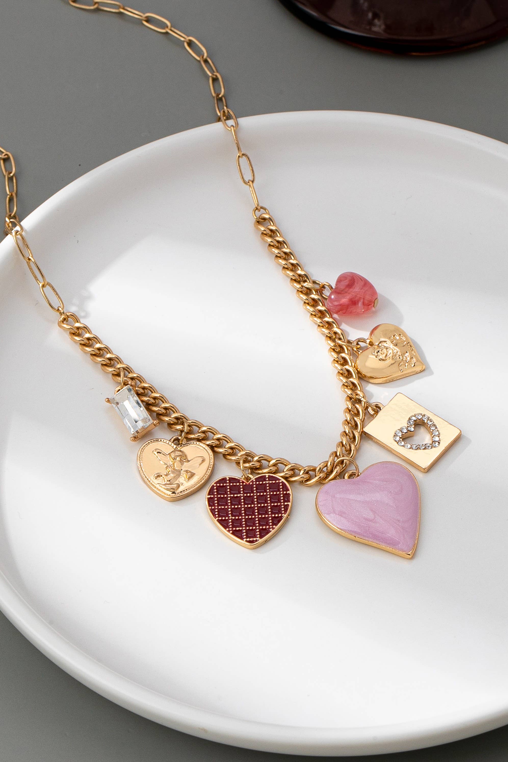 CHARM NECKLACE-HEARTS CHECKER RHINESTONE