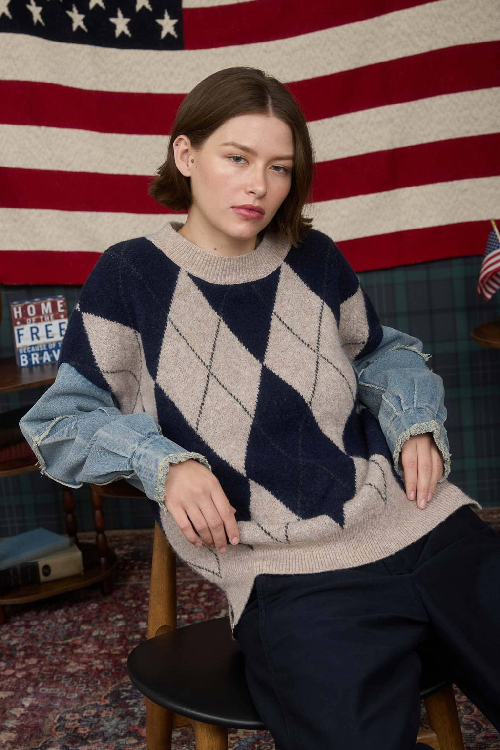 ARGYLE DISTRESSED DENIM SLEEVE KNIT SWEATER