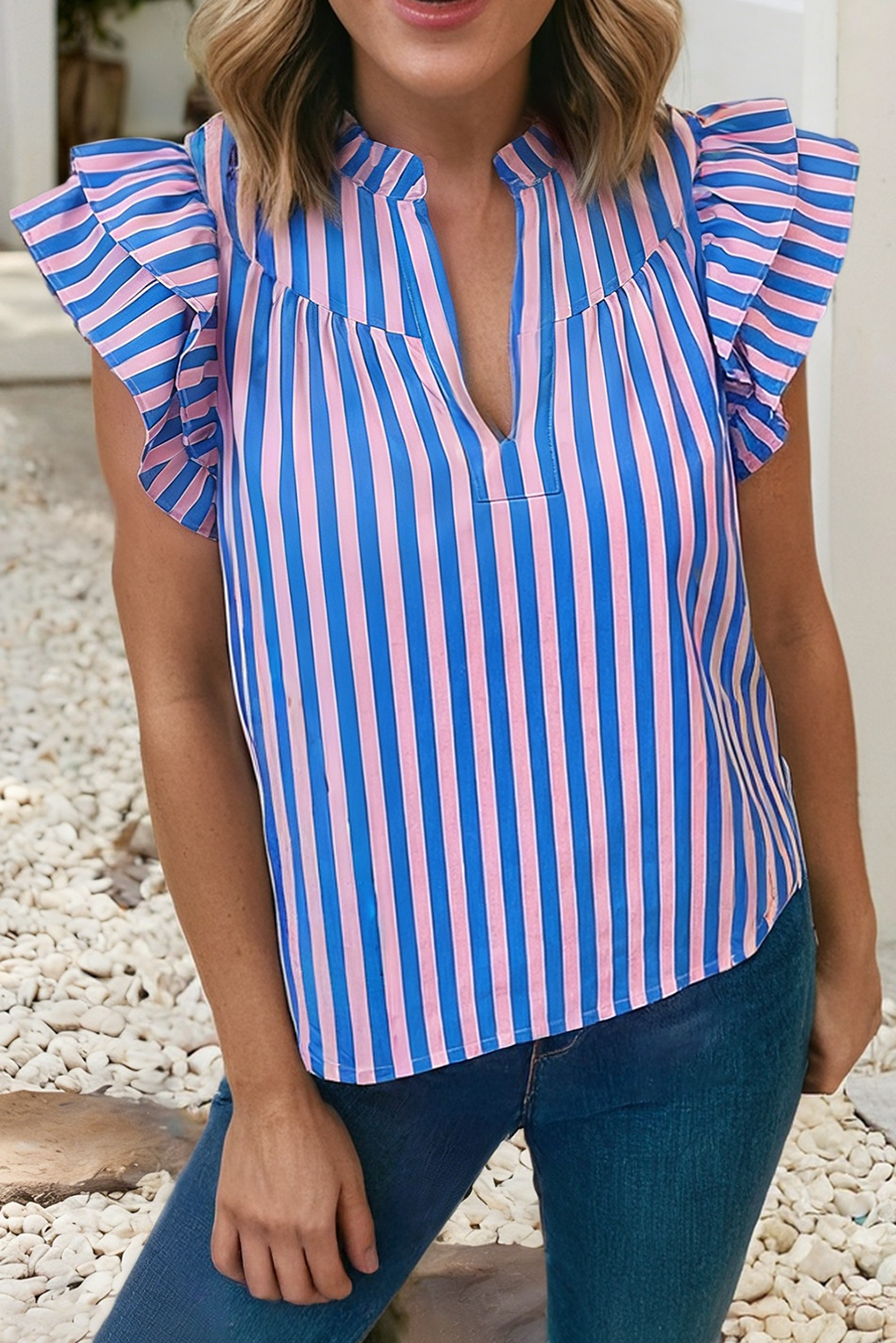 LDC Stripe Split Neck Ruffled Summer Blouse