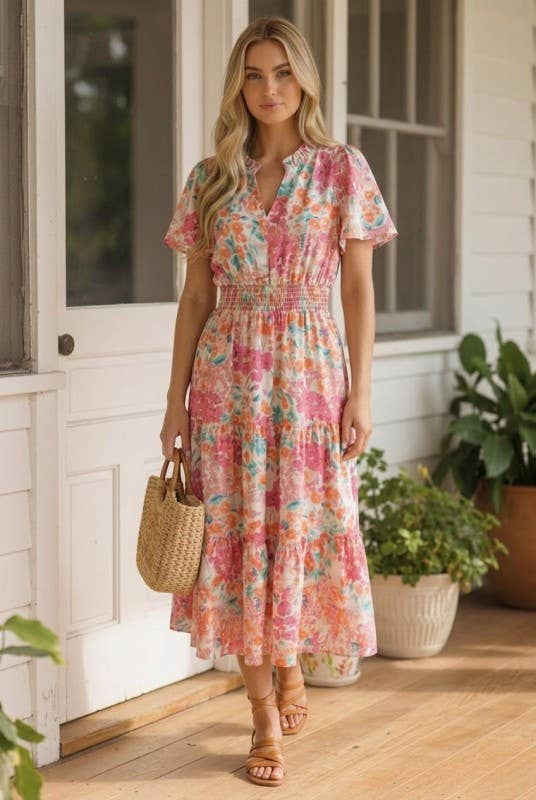 Notch Neck Smocked Waist Maxi Floral Dress
