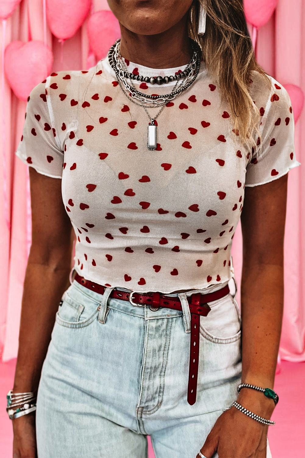 Heart Mock Neck Mesh Valentine's Day Top