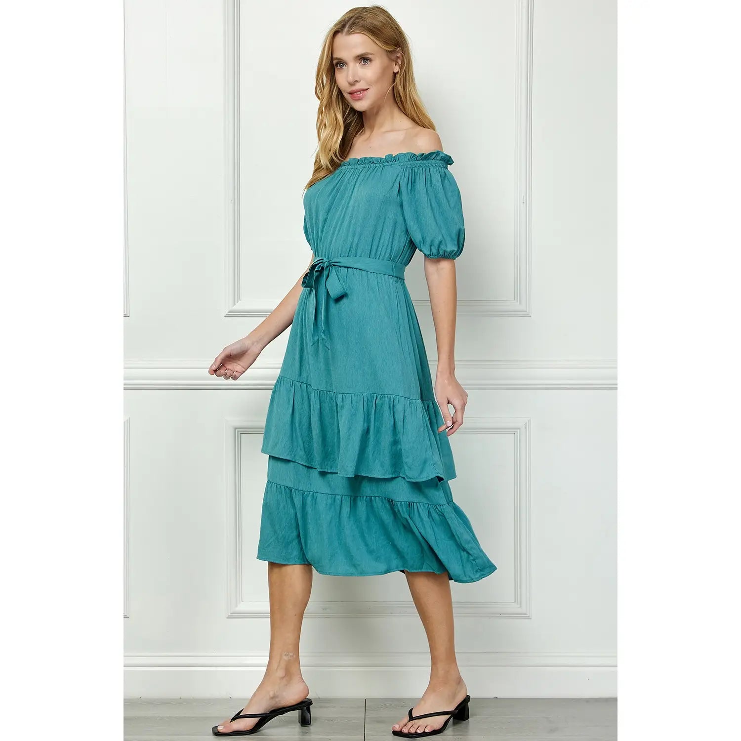LINEN DOUBLE TIER PUFF SLEEV DRESS