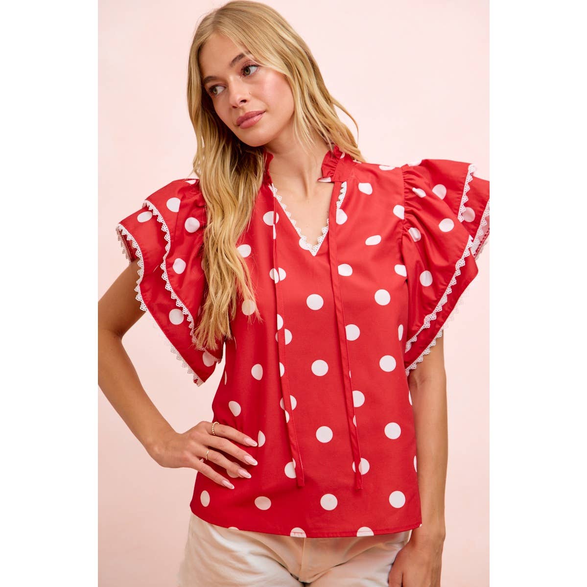POLKA DOT PRINTED RUFFLE TRIM EDGE BLOUSE TOP