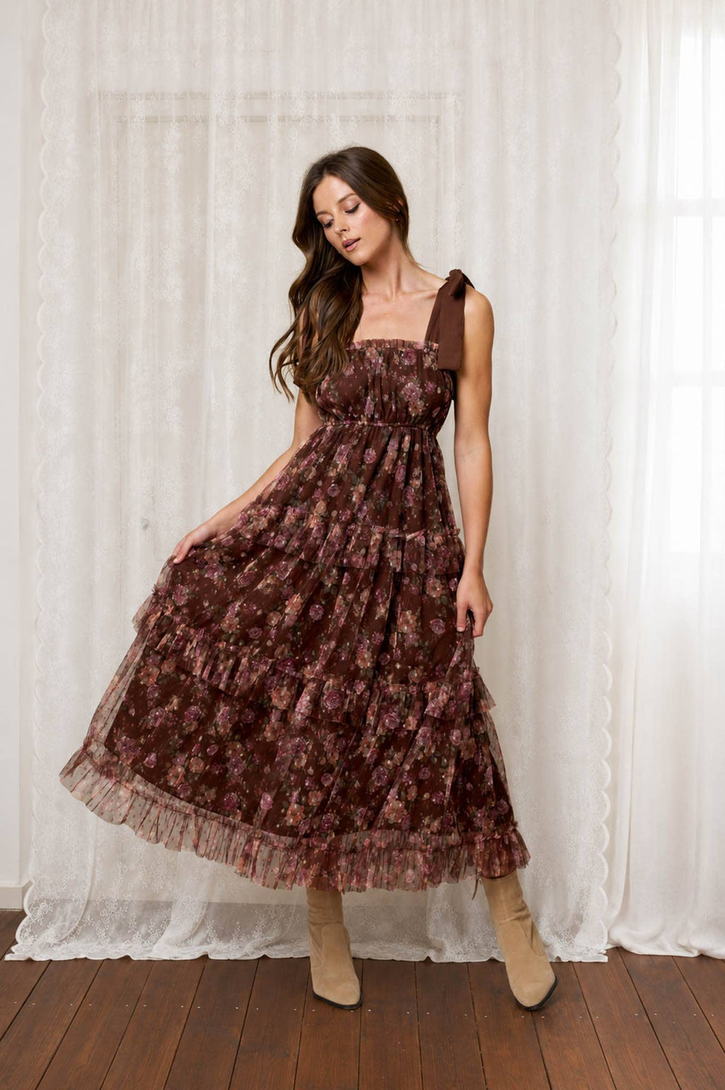 FLORAL CHIFFON TIE STRAP RUFFLED TIERED MIDI DRESS