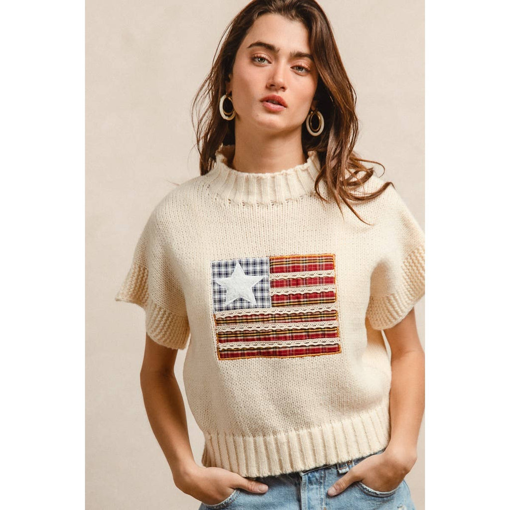 AMERICAN FLAG PATCHWORK DROP SHOULDER SWEATER
