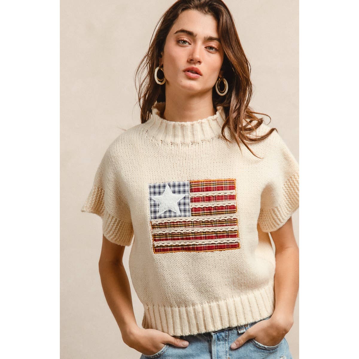 AMERICAN FLAG PATCHWORK DROP SHOULDER SWEATER