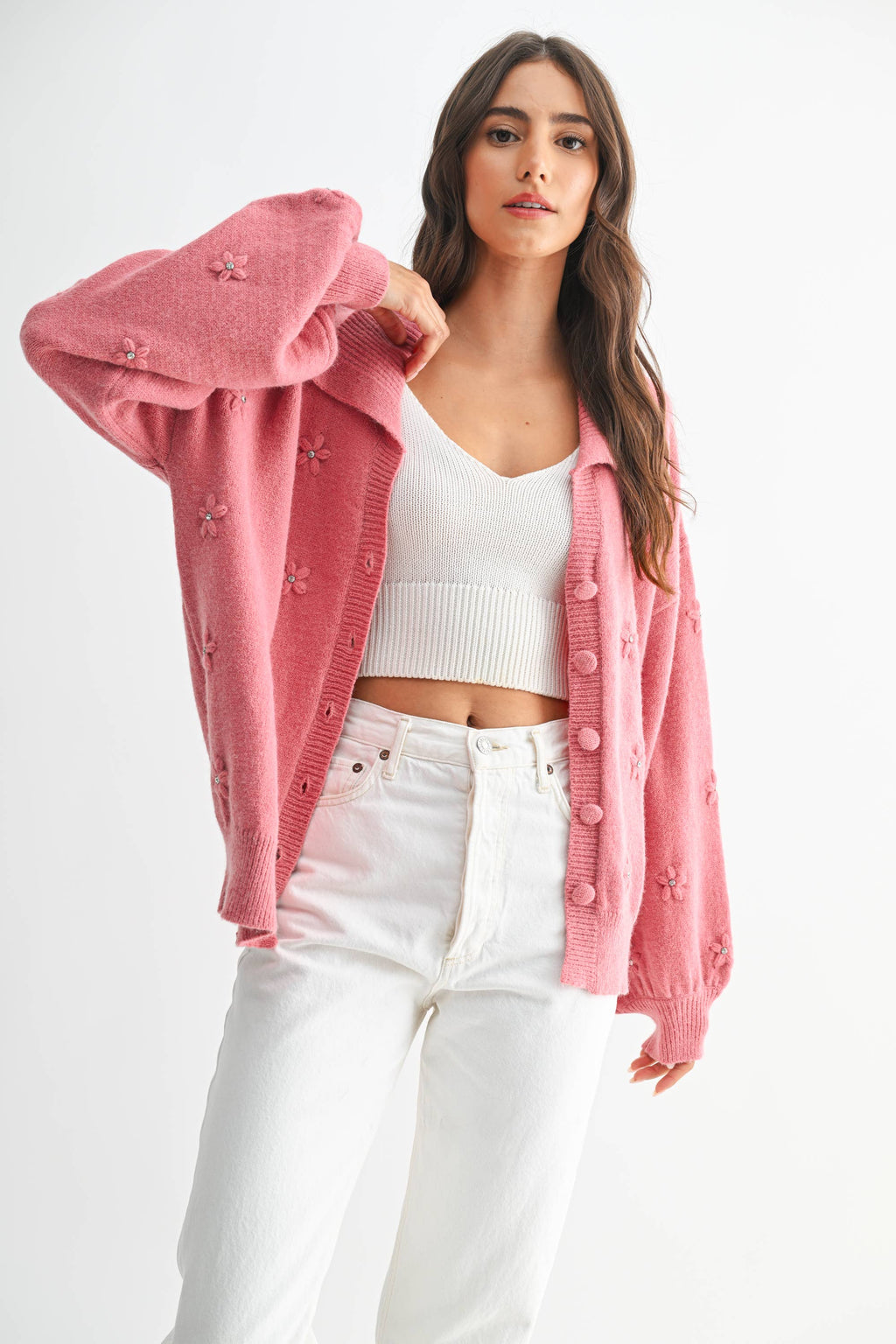 COZY PASTEL CARDGIAN WITH FLORAL EMBELLISHMENTS