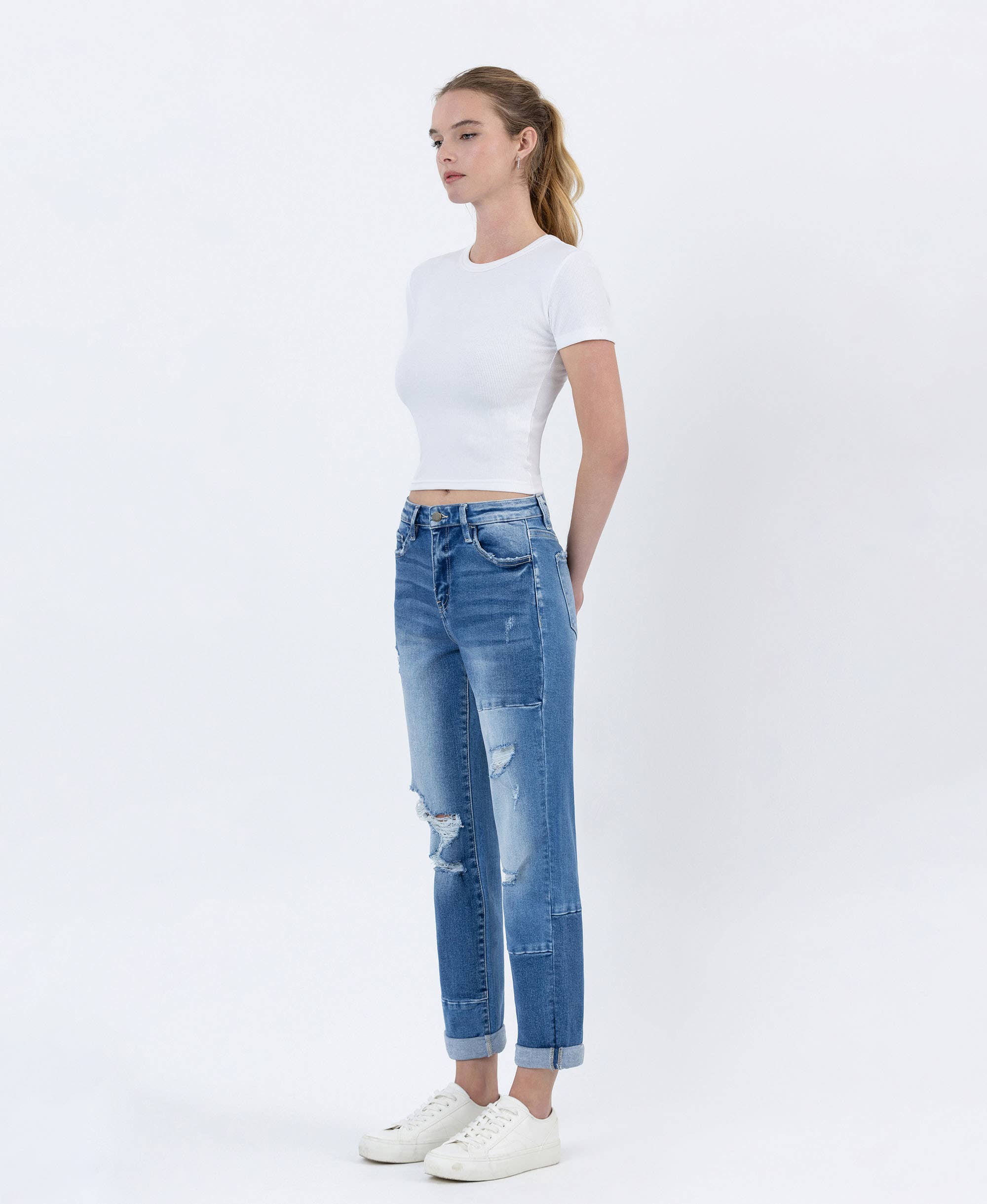 HIGH RISE COLOR BLOCK CUFFED BOYFRIEND JEANS - FLYING MONKEY