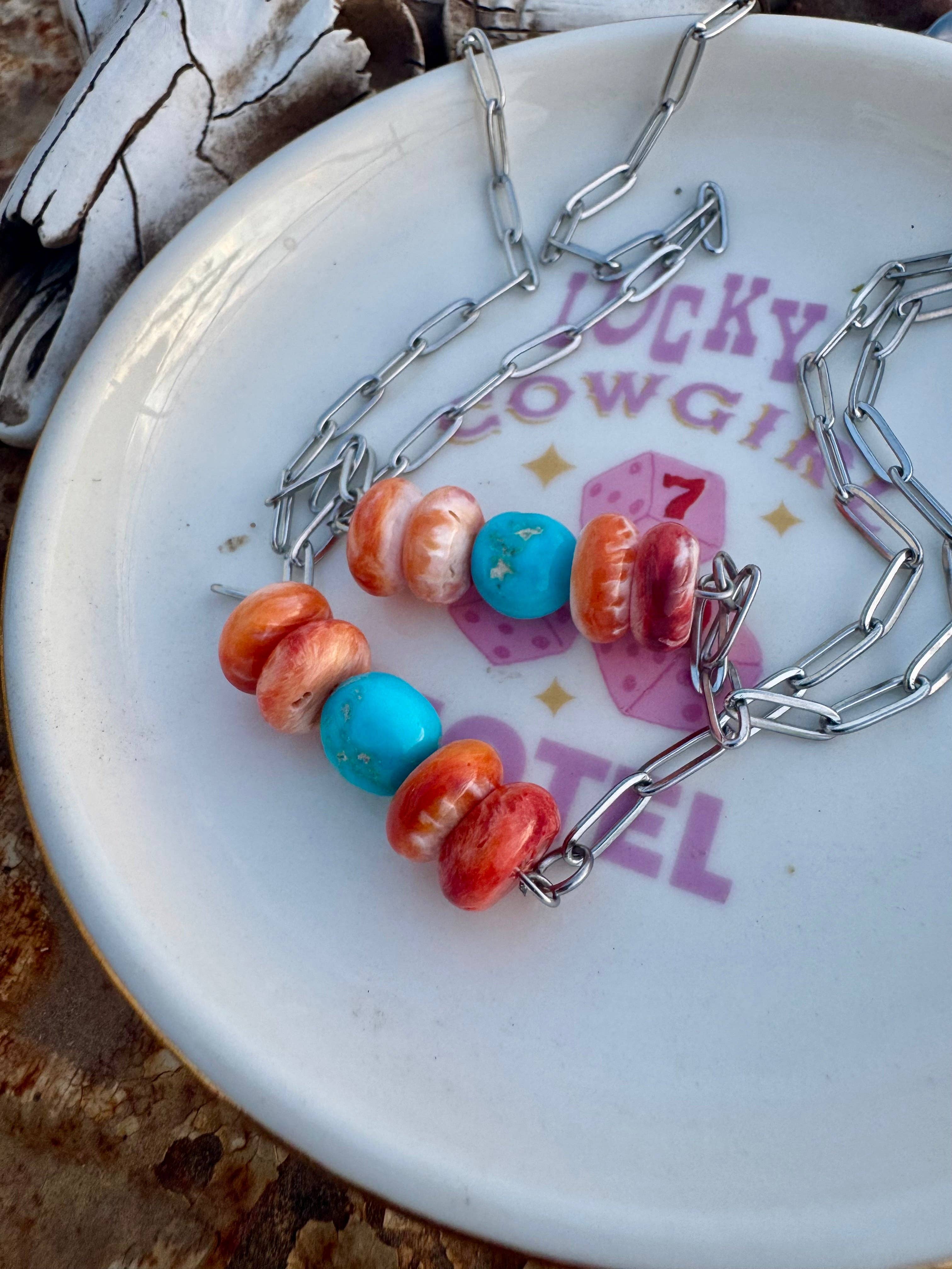 XL Spiny Oyster Turquoise Bar Choker/Stackable Choker/boho