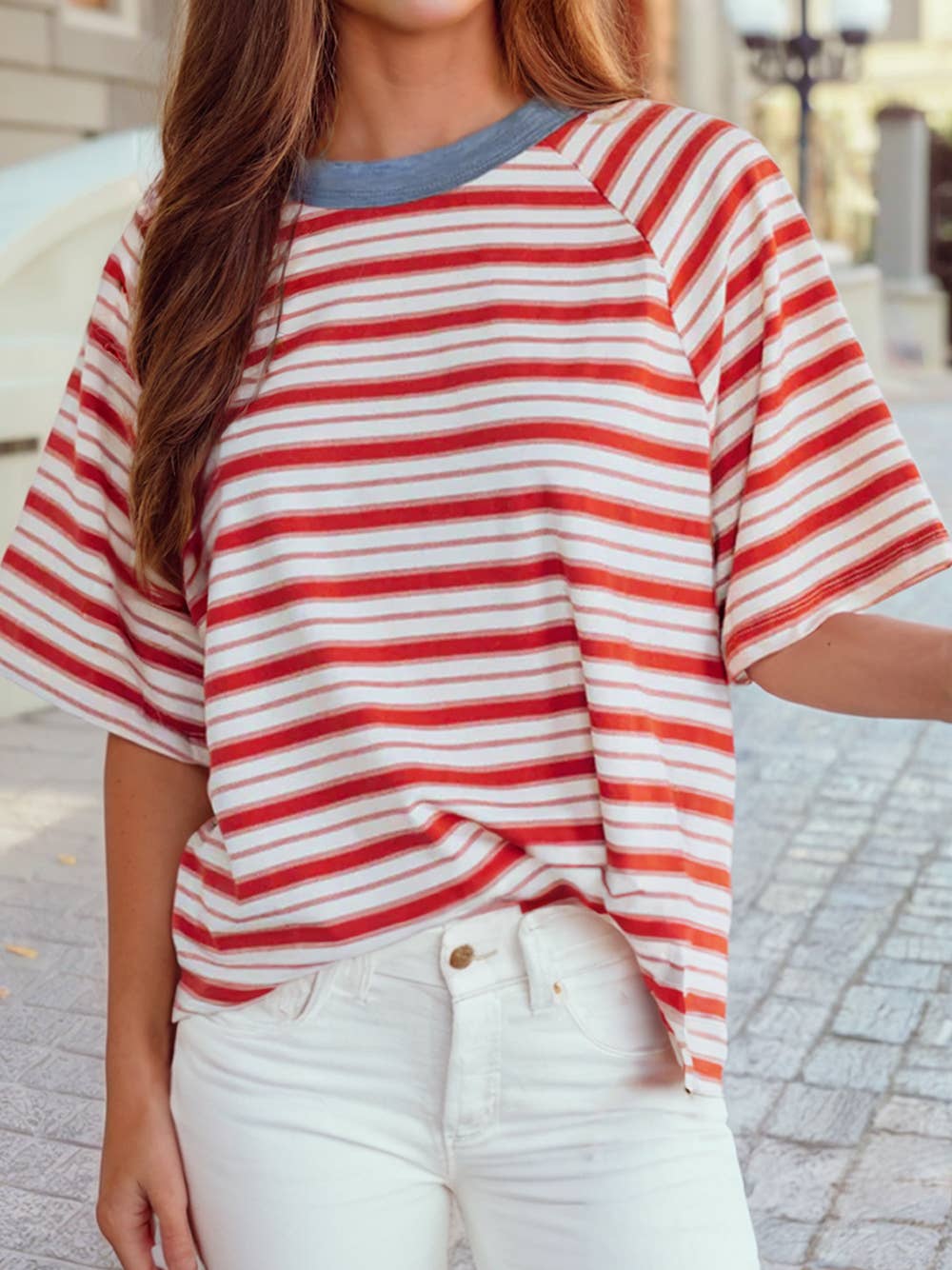 Stripe Print Contrast Collar Raglan Sleeve T Shirt