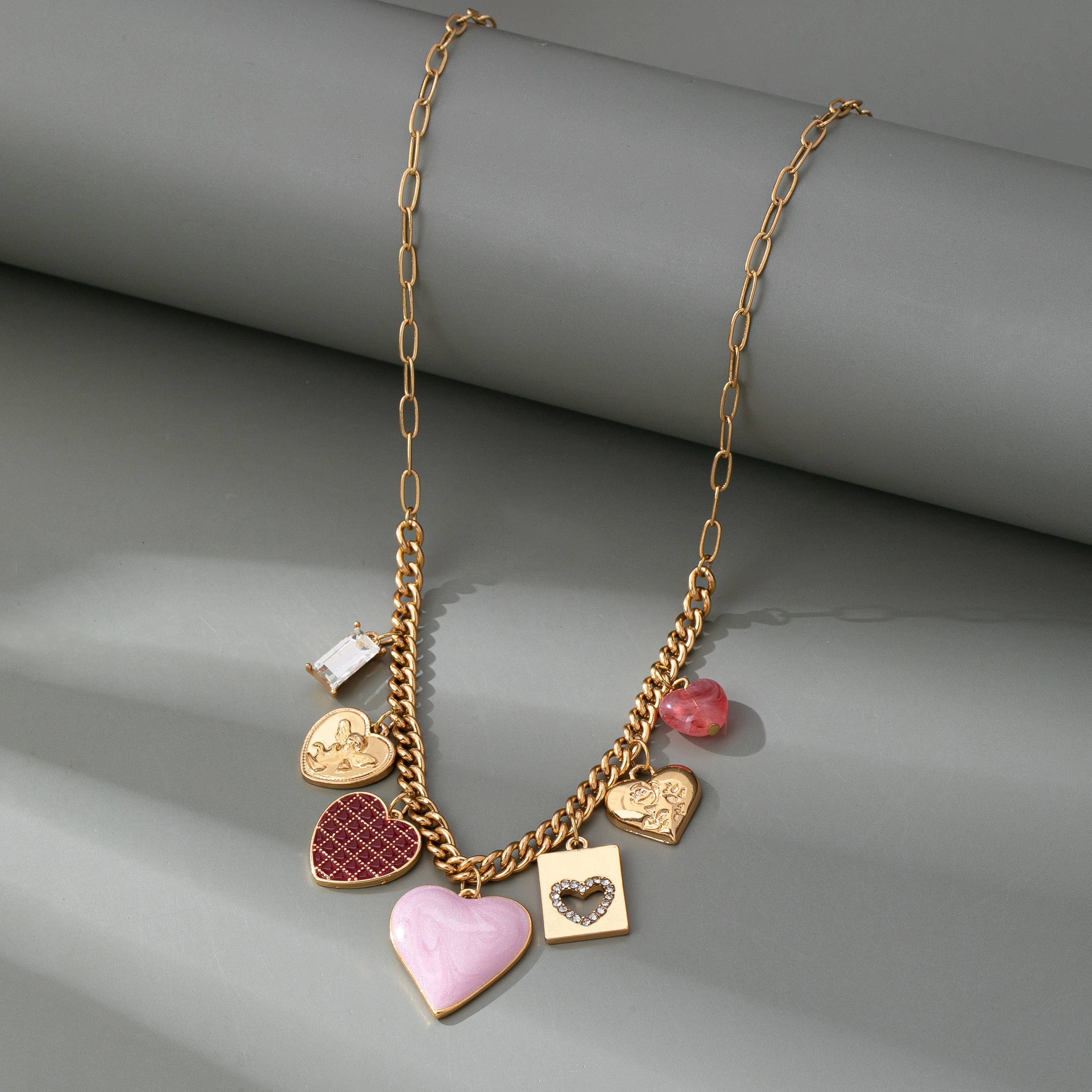 CHARM NECKLACE-HEARTS CHECKER RHINESTONE