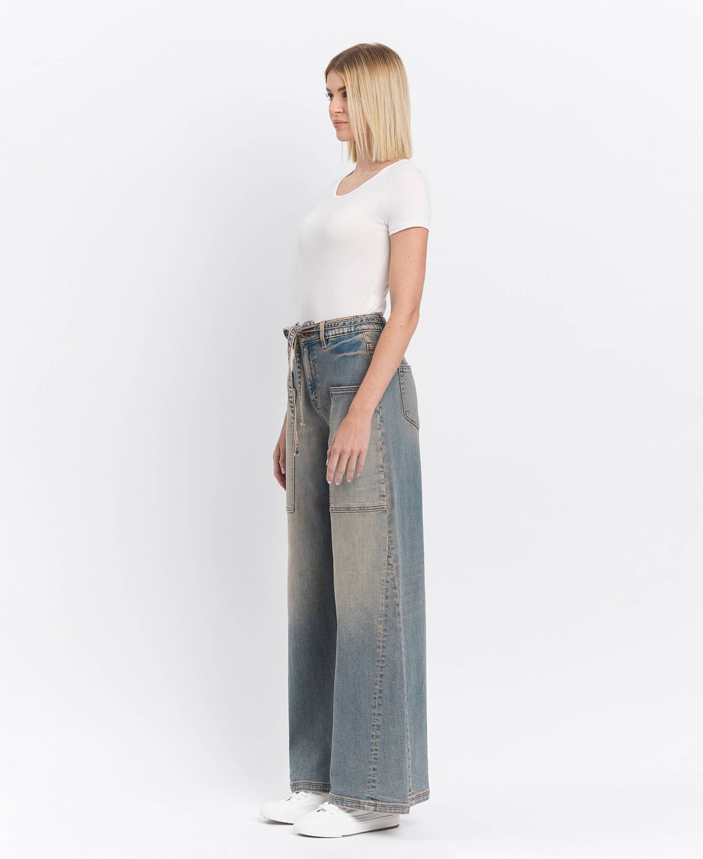 HIGH RISE ELASTIC TIE WAISTBAND BAGGY WIDE JEANS - FLYING MONKEY