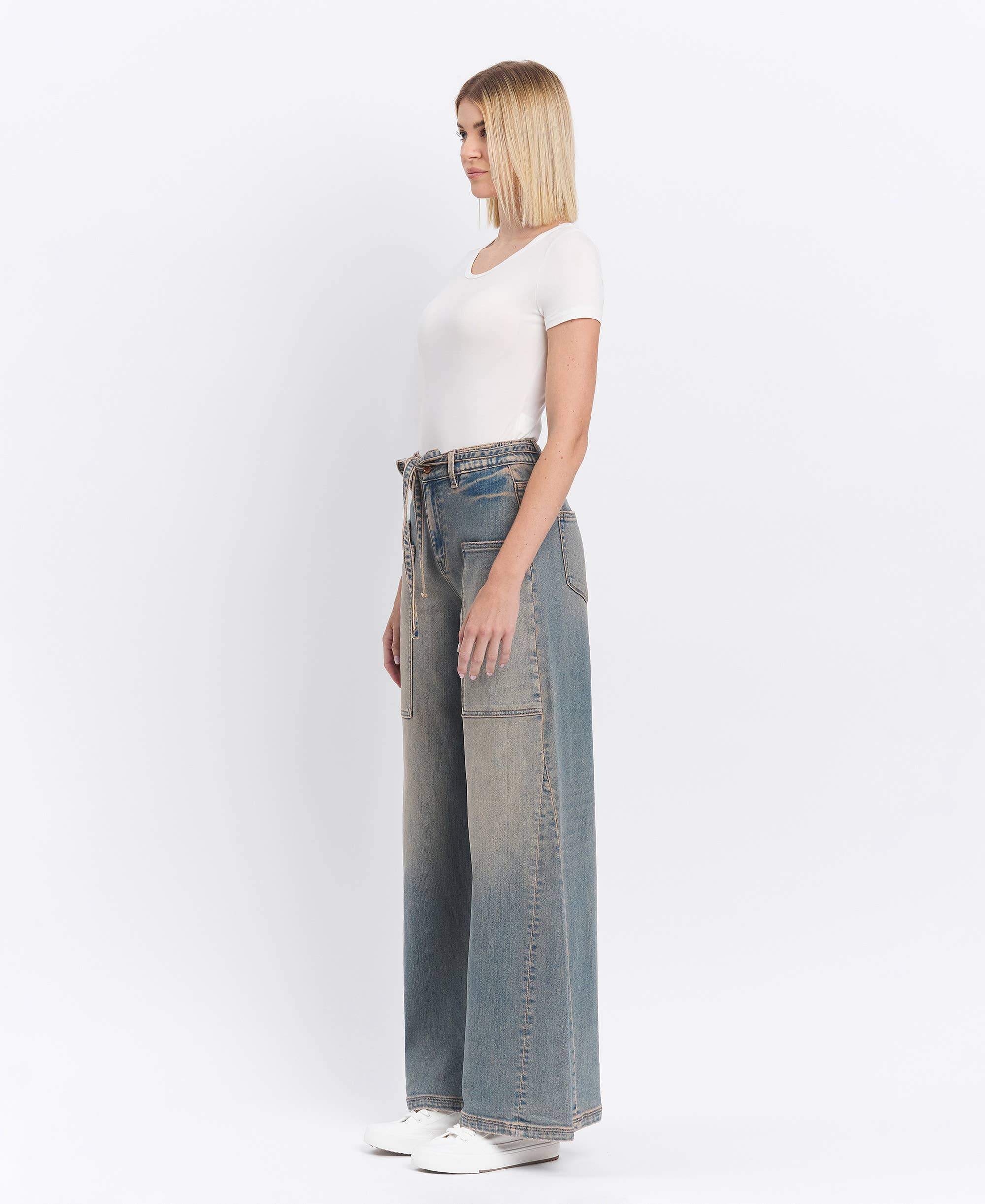 HIGH RISE ELASTIC TIE WAISTBAND BAGGY WIDE JEANS - FLYING MONKEY