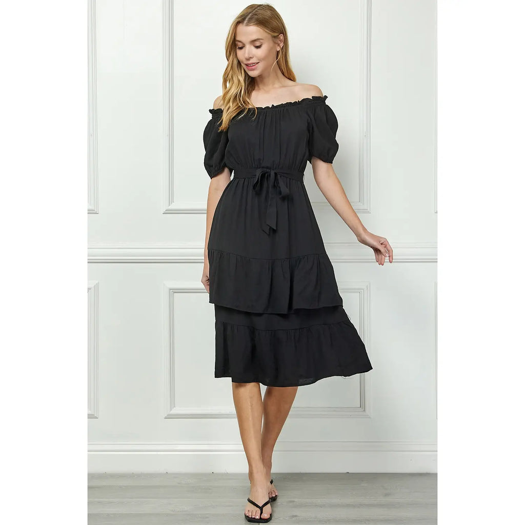LINEN DOUBLE TIER PUFF SLEEV DRESS