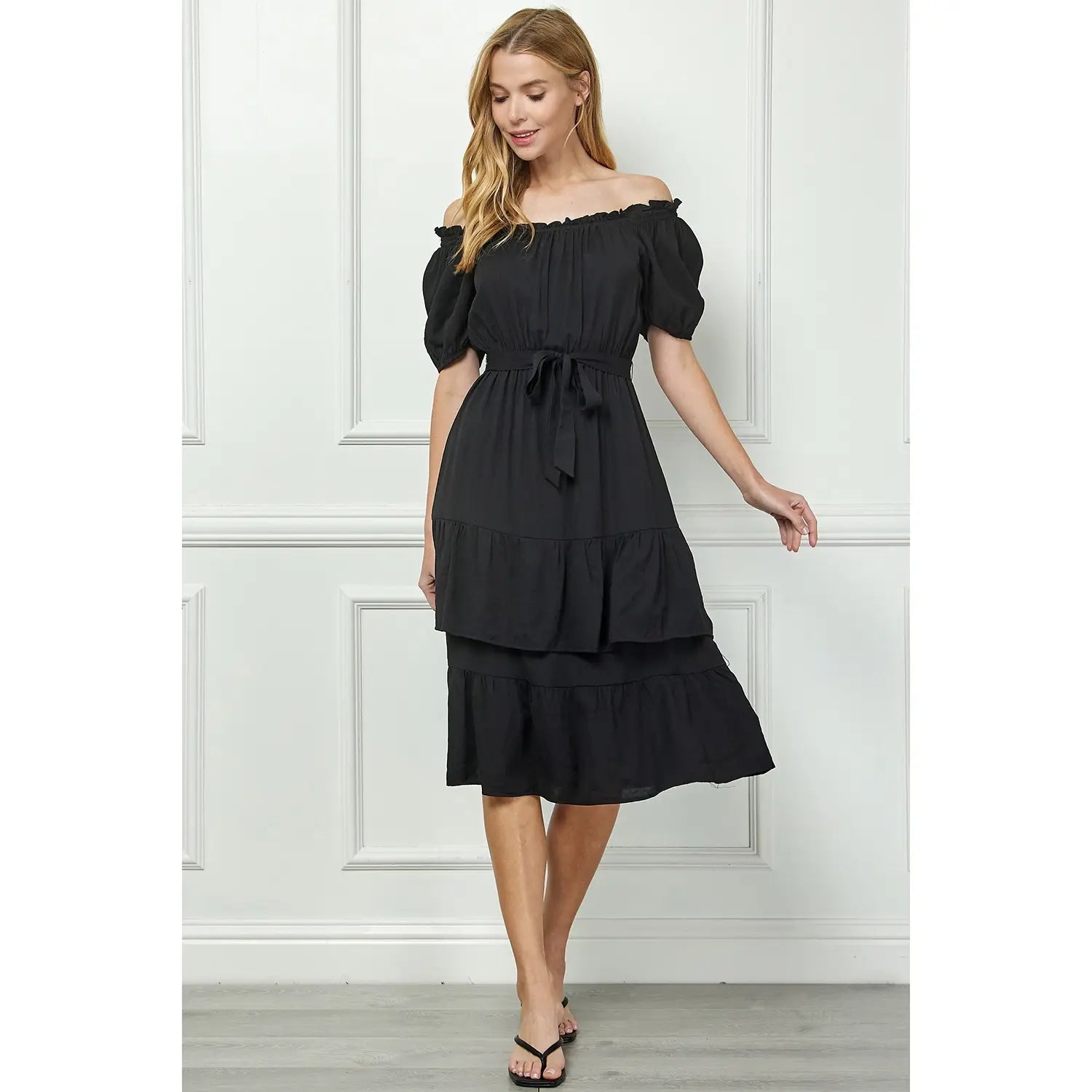 LINEN DOUBLE TIER PUFF SLEEV DRESS