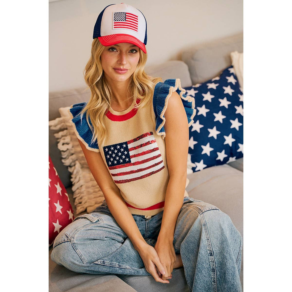 4TH OF JULY THEME SEQUIN AMERICA FLAG KNIT TOP