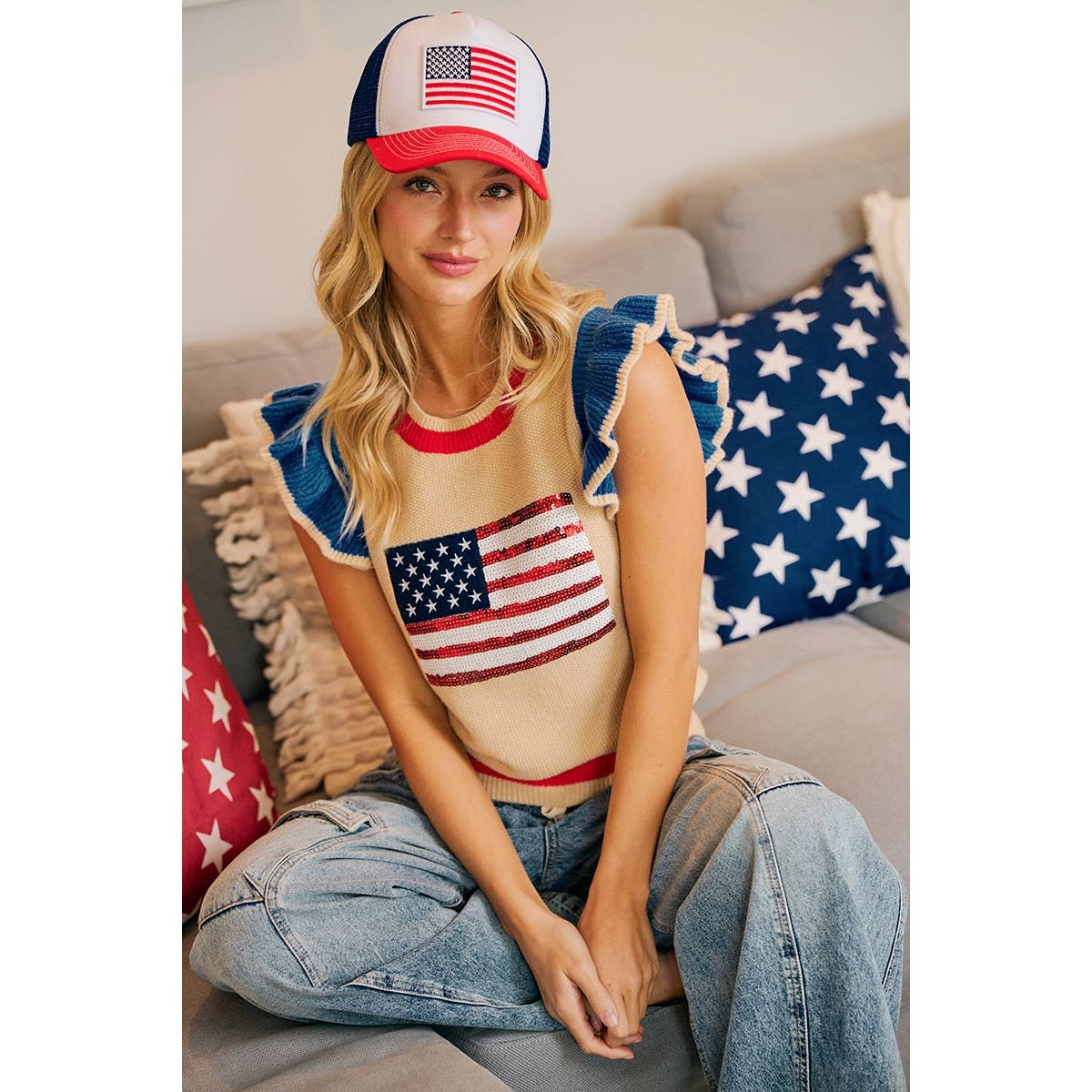 4TH OF JULY THEME SEQUIN AMERICA FLAG KNIT TOP