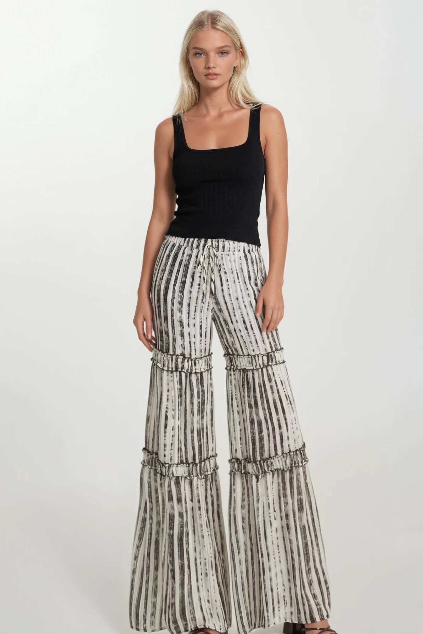 CHIFFON STRIPE PRINT TIERED PALAZZO PANTS