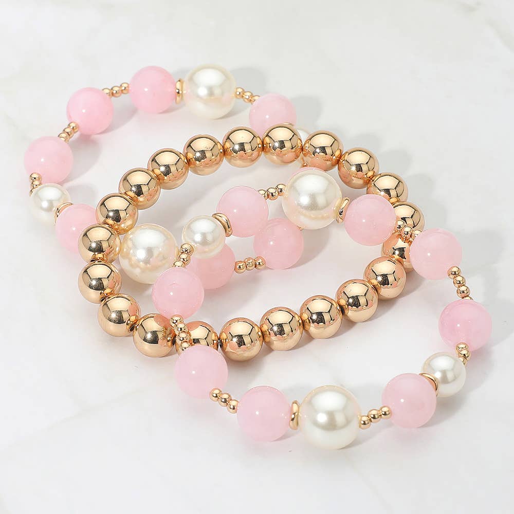 3PCS - Round Pearl Mixed Beaded Stretch Multi Layered Bracelets