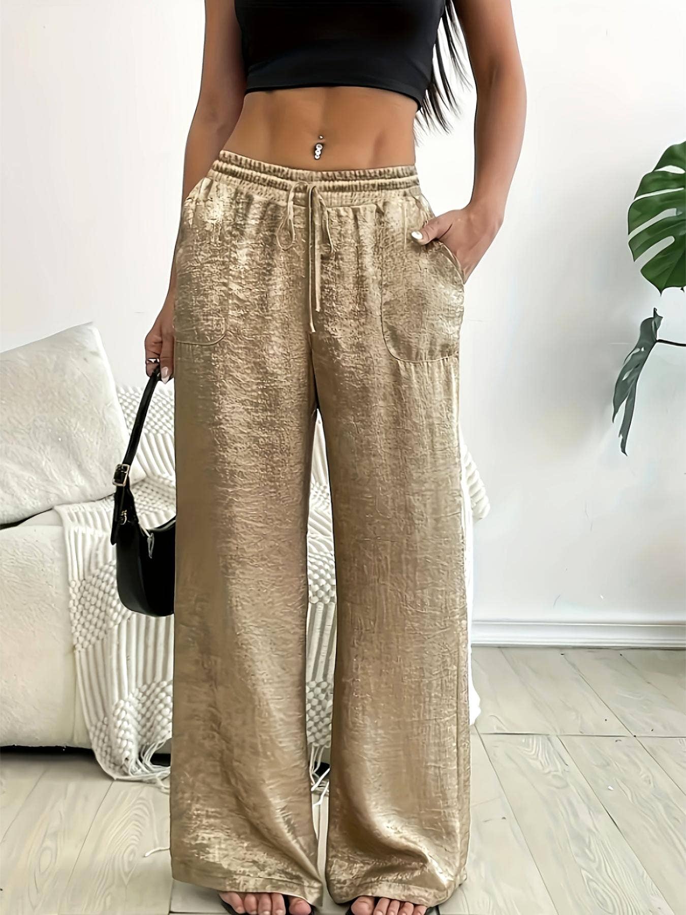 Elastic-waist stamping bronzing wide-leg pants