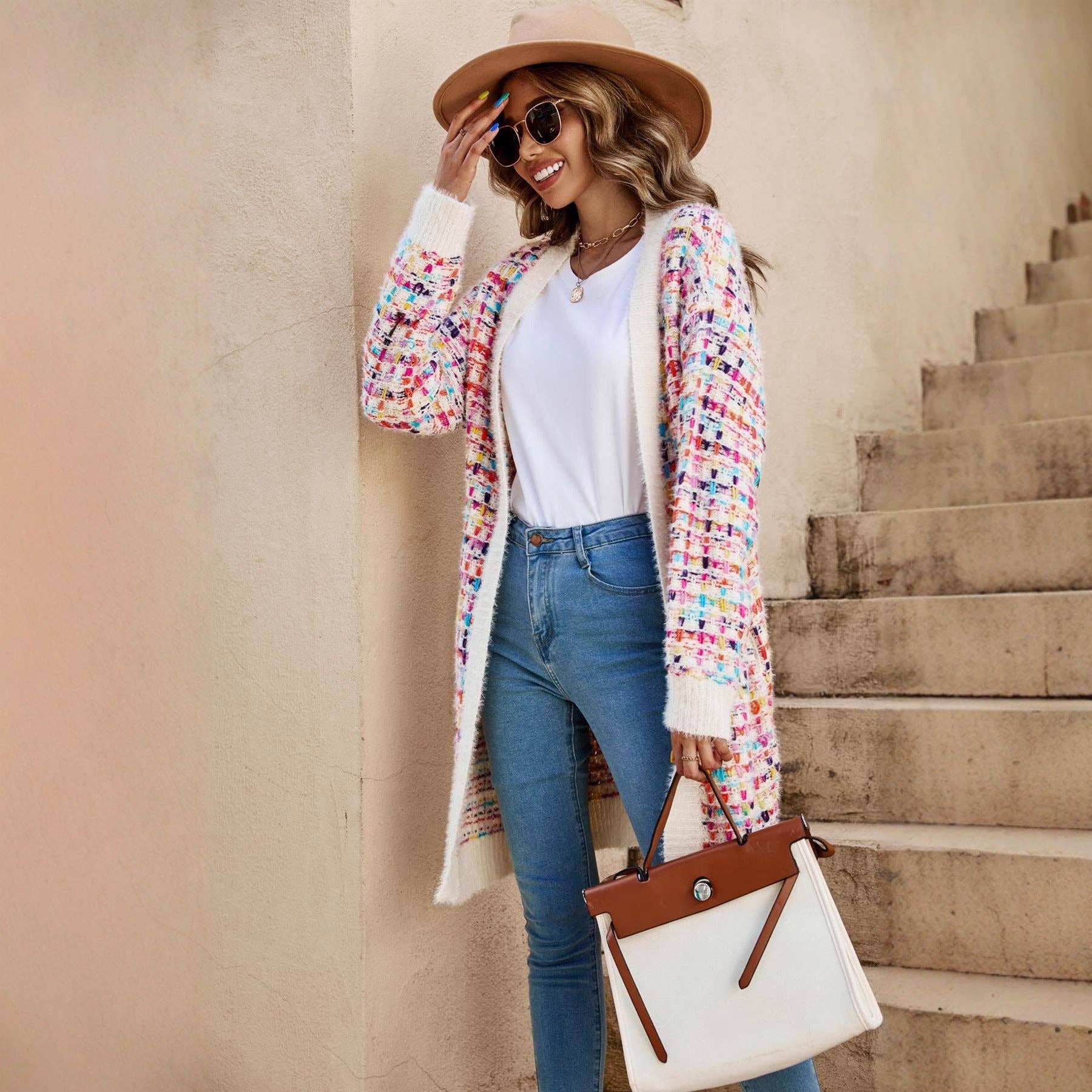 Apricot Color Block V Neck Midi Length Knit Cardigan