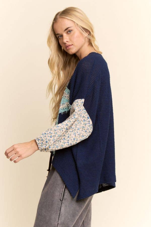 MULTI STAR PATCHWORK DITSY SLEEVE WAFFLE KNIT TOP