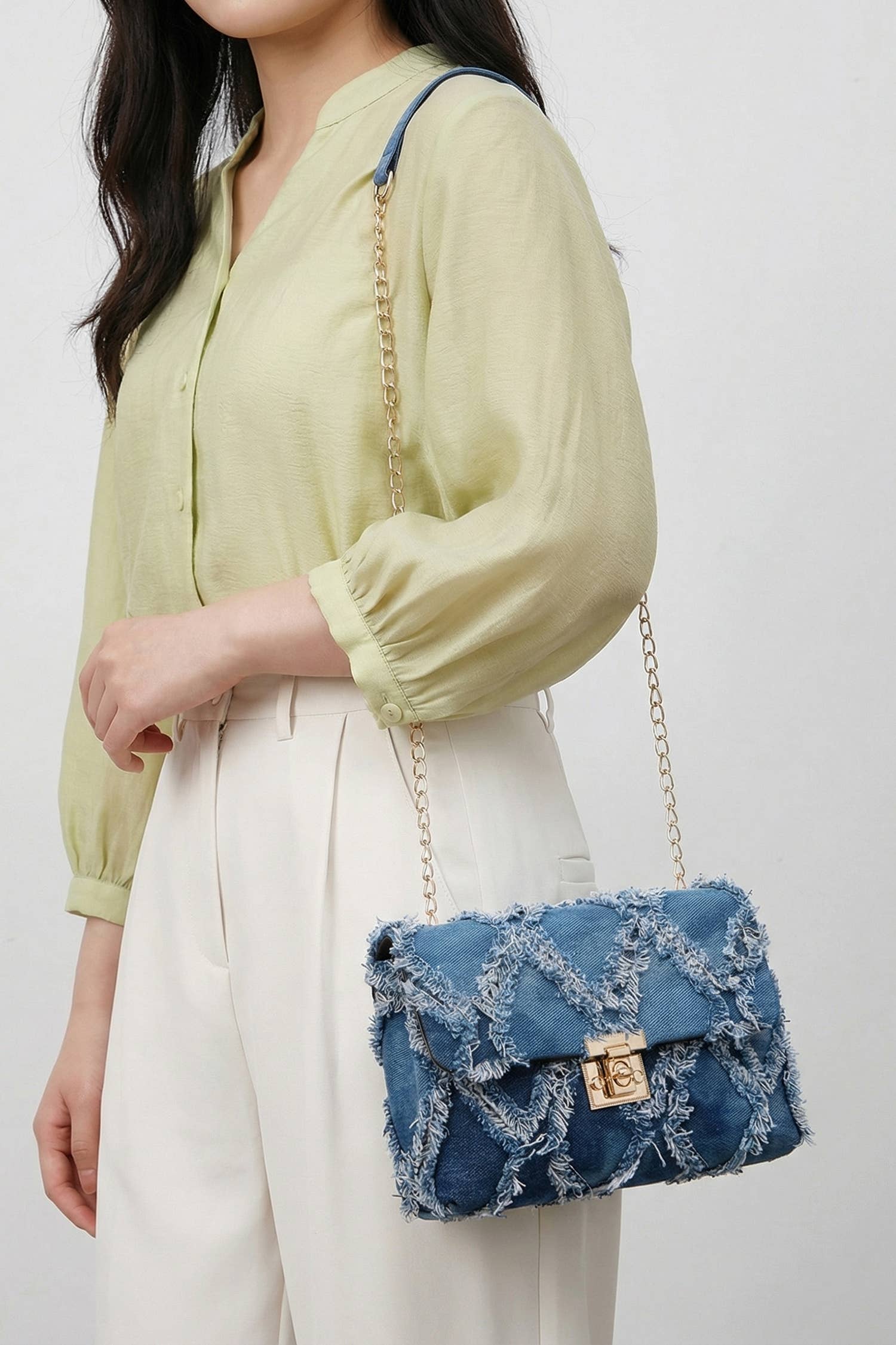 Distress Lattice Denim Chain Strap Shoulder Bag
