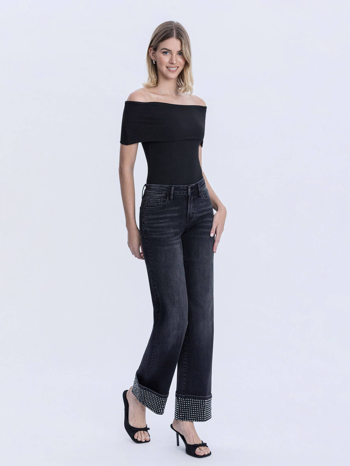 MID RISE RHINESTONE CUFFED BLACK SLIM WIDE JEANS