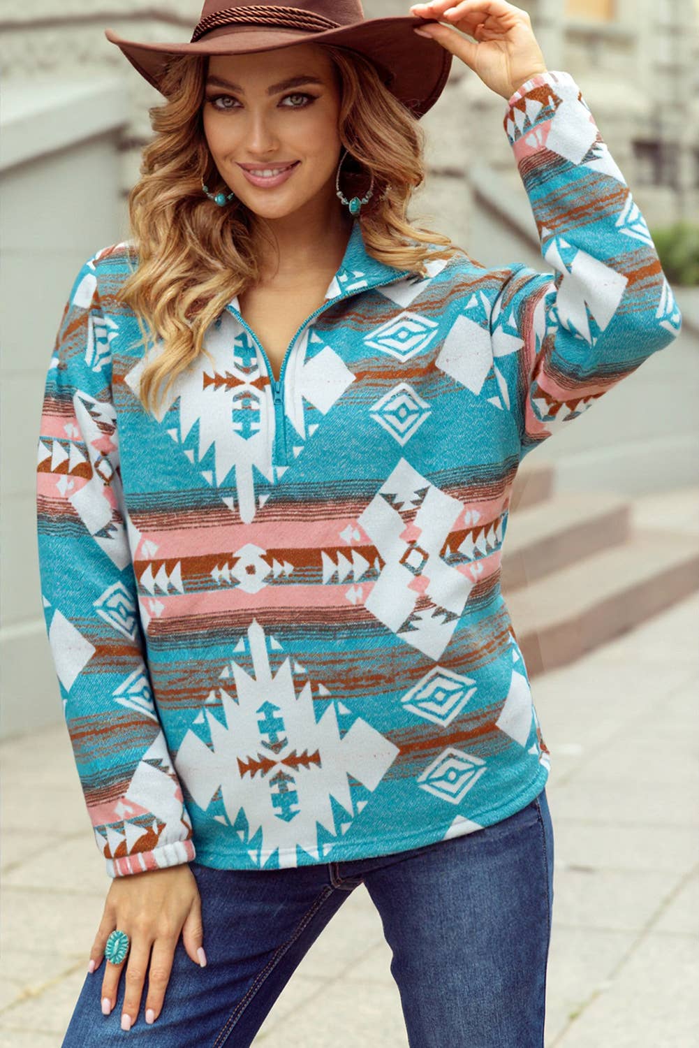 Quarter Zip Elastic Cuffs Western Sweatshirt