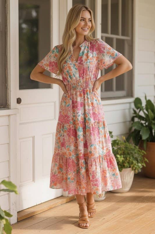 Notch Neck Smocked Waist Maxi Floral Dress