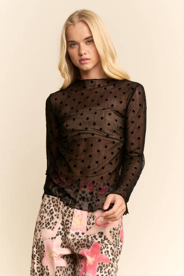 Polka Sheer long-sleeve mesh top