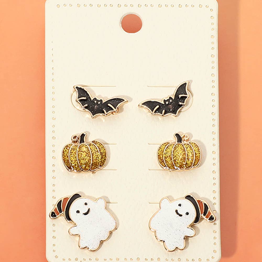 3Pairs - Halloween Bat Pumpkin Ghost Stud Earring Set