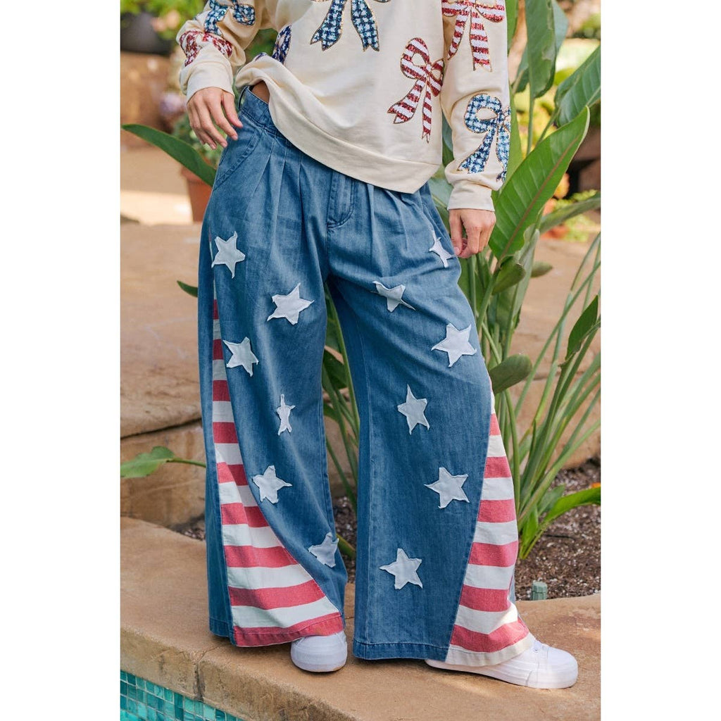 VINTAGE WASHED AMERICAN FLAG STAR CHAMBRAY PANTS
