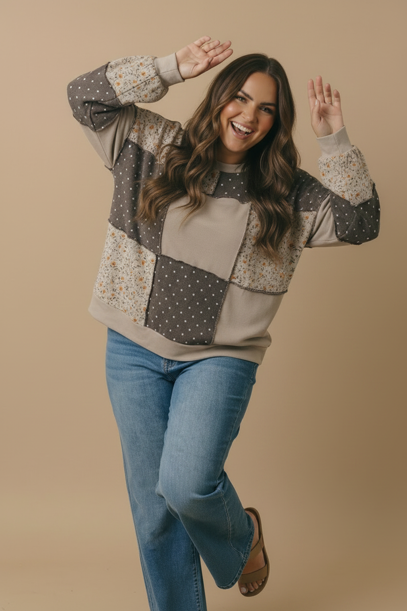 Plus Round Neck Mixed Print Patchwork Pullover