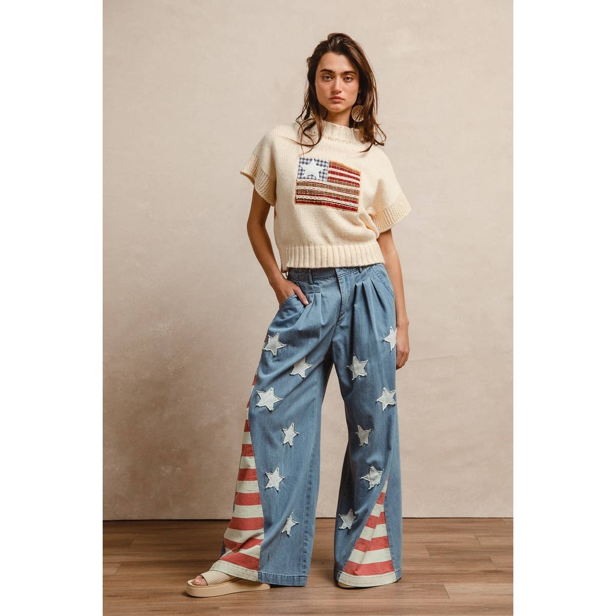VINTAGE WASHED AMERICAN FLAG STAR CHAMBRAY PANTS