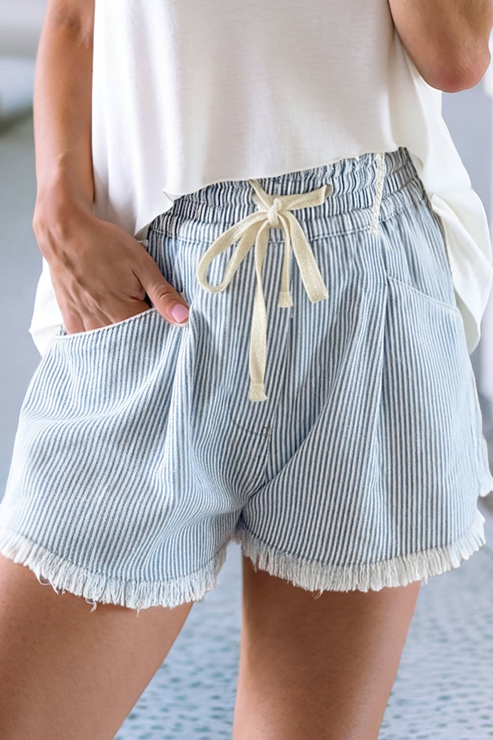 LDC Raw Edge Drawstring Elastic Waist Spring Denim Shorts