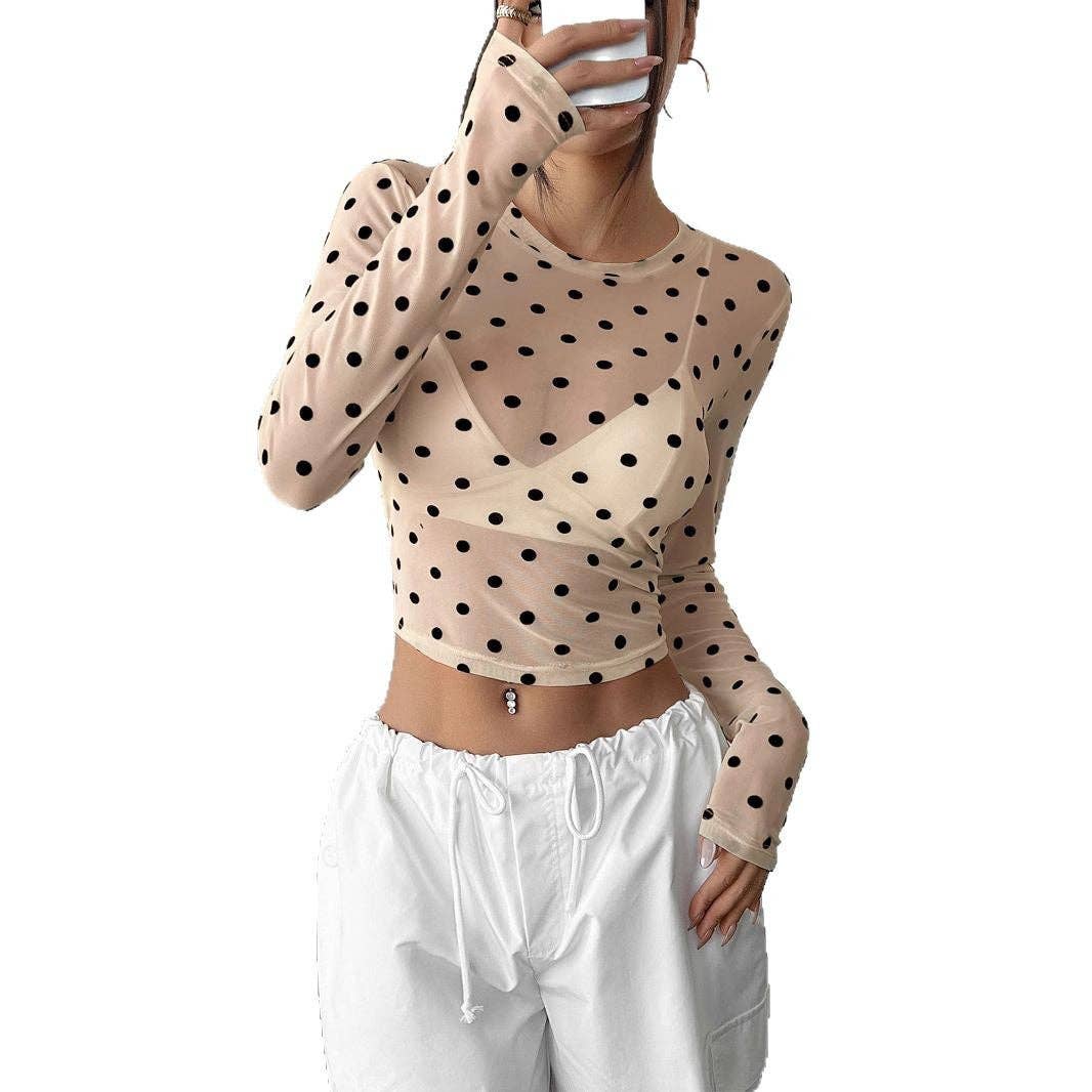 Sheer Dot Print Fitted Mesh Round Neck Long Sleeve T Shirt